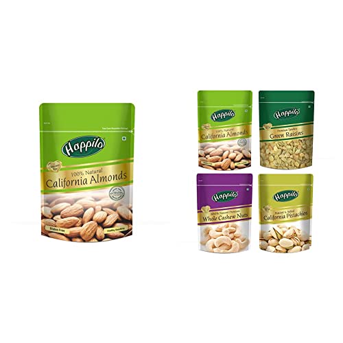 Image of Happilo 100% Natural Premium Californian Almonds, 200g + Happilo Premium Dry Fruits Combo 6 (California Almonds, Raisins, Whole Cashews, Roasted Pistachios)