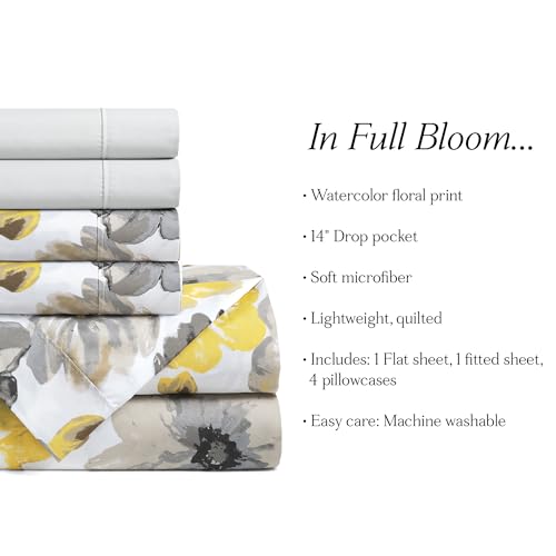 Image of Lush Decor Leah Soft Floral Sheet Set, 6 Piece Set, King, Yellow & Gray- King Size Sheet Set - Printed Bedding - Watercolor Florals - Farmhouse Decor
