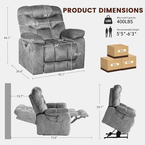 EONIX Large Lay Flat Power Lift Recliner Chair for Elderly with Heat and Massage, 400lbs Dual Motor Electirc Lift Chair with Extended Footrest, SLRY007062, Grey - Image 4