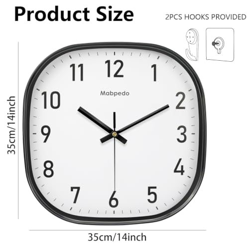 Image of 14Inch Wall Clock, Black Square Silent Non Ticking Analog Clock
