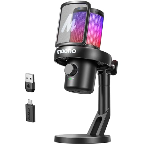 MAONO Wireless Microphones for PC, Gaming Mic with Software AI Voice Change, One-tap Noise Cancellation, Custom EQ, Adjustable RGB Light, Monitoring, for Gaming, Podcasting, Streaming, DM40 Black