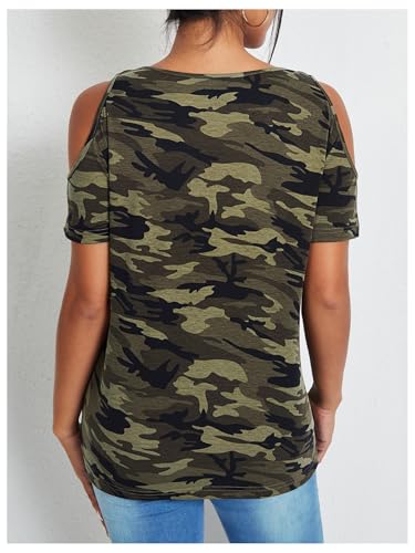 Women's Camo Cold Shoulder T Shirt V Neck Short Sleeve Slim Fit 2025 Summer Tee Tops3