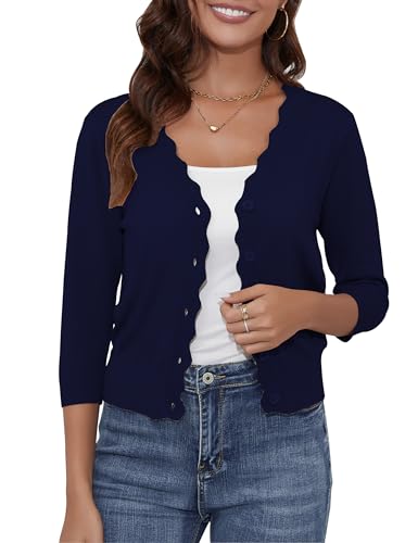Image of Women's Cropped Cardigans 3 /4 Sleeve Button Down Lightweight Cardigan Sweaters Scalloped Edged Bolero Shrugs