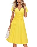 OUGES Women's 2025 Summer Short Sleeve V-Neck Wrap Casual Party Dress with Pockets(Yellow,M)
