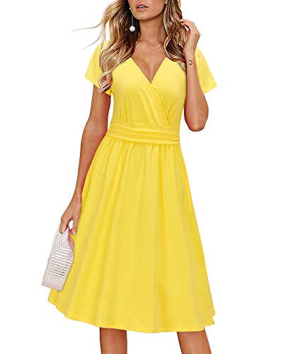 Newshows Womens Summer Short Sleeve Casual Dresses V Neck Floral Vacation Sundress Faux Wrap Midi Dress with Pockets