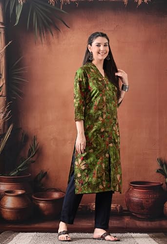 Image of Ichaa Women's Pure Cotton A-Line Ethnic V-Neck Kurta with 3 /4th Sleeve for Daily and Office Wear, in Plus Sizes