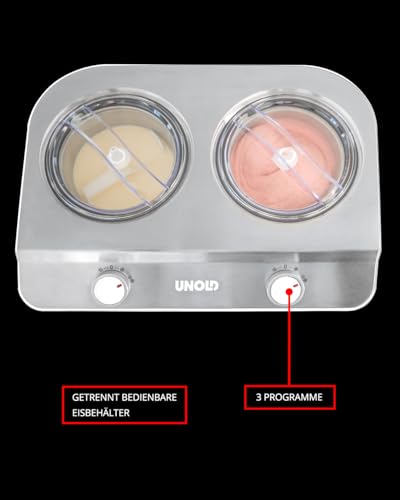 Unold 48830 Doppio Eismaschine, Speiseeisbereiter mit Kompressor inkl. 2 Eisbehälter, Sahneeiscreme in ca. 30 Minuten, 250 Watt, Weiß – Bild 4