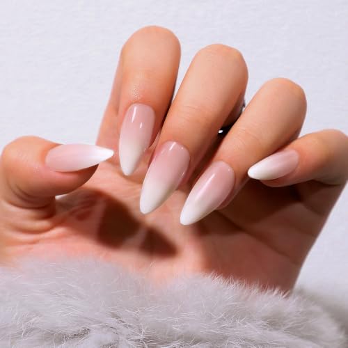 Ombre From Pearly White to Pink Press on Nails Medium Almond Fake Acrylic Nails Set,KQueenest Stiletto Glue on Nails Reusable Gel False Short almond Nails for Girls with UV Coating Manicure in 24 PCS