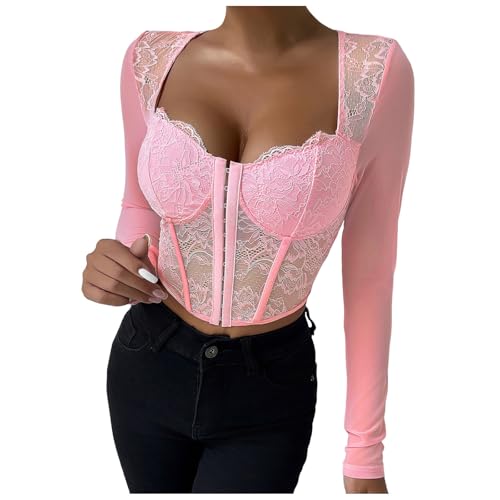 Crop top femme manche longue dentelle col carré t-shirt moulant rose taille M