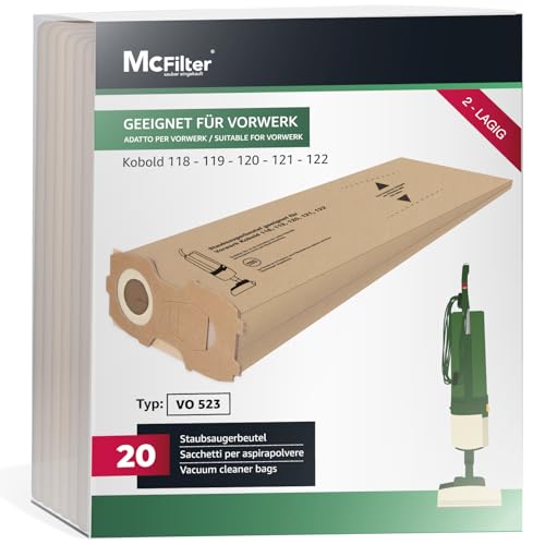 McFilter | 20 bolsas para aspiradora adecuadas para Vorwerk Kobold VK118 VK119 VK120 VK121 VK122 | papel de filtro de 2 capas | recambio para FP118 122 | bolsa tipo VO 523