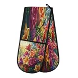 Ofenhandschuhe, doppelte Ofenhandschuhe, lebendige Blumen, Ofenhandschuhe, Topflappen, hitzebeständig, gesteppt, für Grillen, Backen, Küche, Kochen
