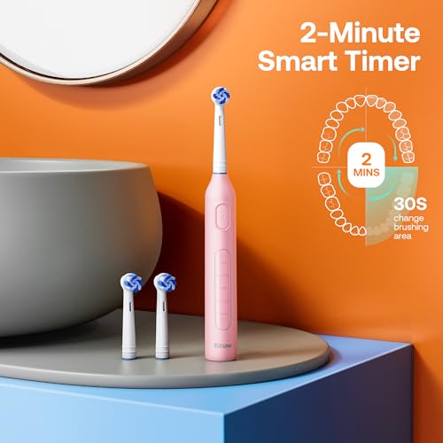 Image of Bitvae R1 Rotating Electric Toothbrush with 8 Brush Heads for Adults and Kids, 5 Modes Rechargeable Power Toothbrush, 3 Hours Fast Charge for 60 Days, Brushing Timer, Pink