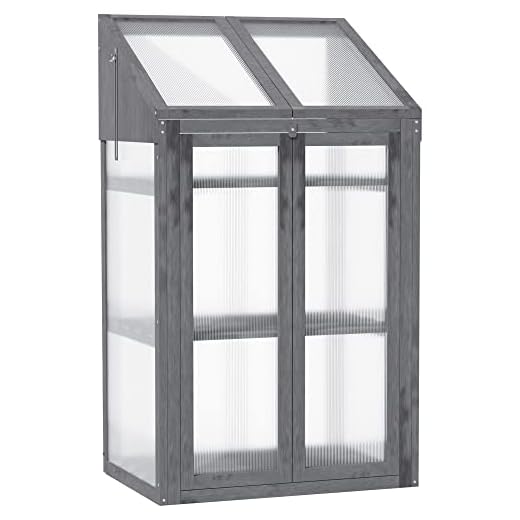 Outsunny Wooden Cold Frame Polycarbonate Greenhouse with Openable Top Cover and Double Door, Grow House for Flower, Vegetable and Plants, 70 x 50 x 120cm, Grey
