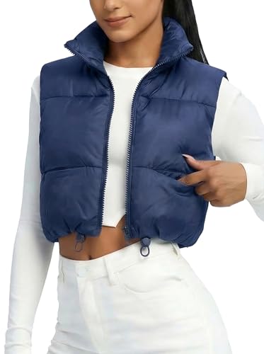 Fuinloth Womens Padded Vest High Stand Collar Lightweight Zip Crop Puffy Gilet Navy Blue M