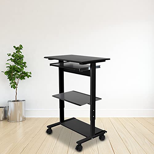 Stand Up Desk Store Mobile Rolling Adjustable Height Standing Workstation With Printer Shelf And Slideout Keyboard Tray (Black Frame/Black Top, 30" Wide) #TOP2