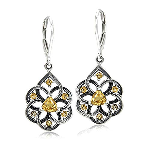 Silvershake Birthstone Gemstone Vintage Style Antique Finishing or 18K Yellow Gold Plated 925 Sterling Silver Scroll/Filigree Weave Drop Dangle Leverback Earrings Jewelry for Women