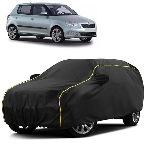 Image of Sulfar 100% Water Resistant Car Body Cover Compatible with Mirror for Skoda Fabia (Triple Stitched, Full Bottom Elastic, Black Taffeta with Yellow Piping)
