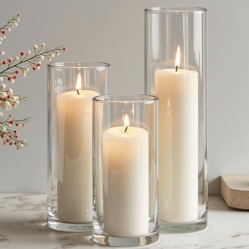 Mavelune 12-Pack White Pillar Candles with Glass Cylinder Vases - Elegant Tall Candle Holders for Weddings, Events, and Home Décor Centerpieces (12)