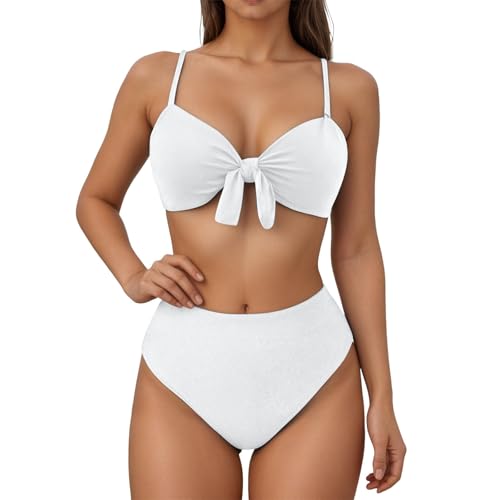 Generisch Conjunto de bikini de dos piezas con cuello en V y cintura alta para mujer, Blanco, L