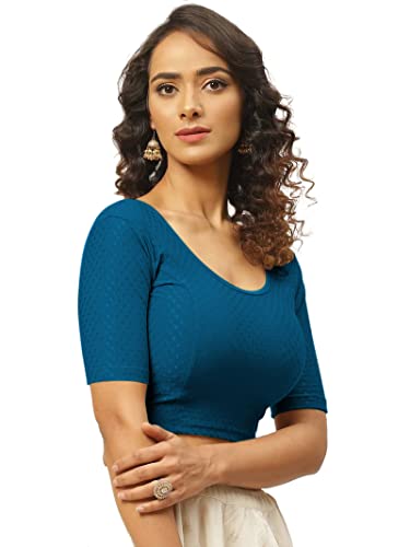 Image of Fressia Fabrics Pure Cotton 4-Way Stretch Readymade Blouse for Women | Free Size to 4XL Stretchable Round Neck Dobby Cotton Half Sleeve Readymade Saree Blouse for Women Stylish