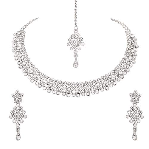 Image of Atasi International Silver Plated Alloy Choker Necklace Jewellery Set with Earrings and Maang Tikka (White)