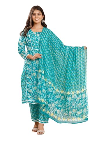 Women's Cotton Floral Printed Straight Traditional Indian Kurta with Pant & Dupatta (US, Alpha, XX-Large, Regular, Regular, Rama Green)