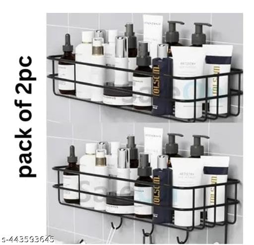 (Pack of 2) Steel Self-Adhesive Multipurpose Bathroom Shelf with Hooks/Towel Holder/Rack/Bathroom Accessories-Wall Mount - Pack of 2 (Black,Powder Coated)|BHR-P914 1