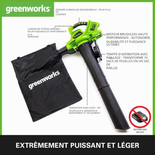 Greenworks POWERALL 48V 24V x 2 Souffleur / Aspirateur à feuilles 322 kmh - vue 3