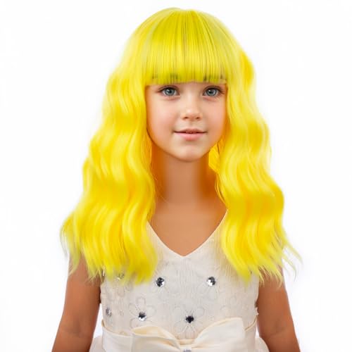 Image of PATTNIUM Yellow Wig for Kids Child Wigs Short Wavy Curly Yellow Wig with Bangs for Girls Synthetic Girls Cosplay Halloween Party Costume Wigs