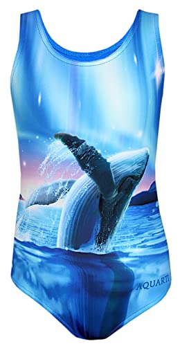Aquarti Badeanzug Mädchen – Sportlicher Mädchen Badeanzug mit Ringerrücken Print, Farbe: Wal/Polarnacht/Blau/Rosa, Größe: 128