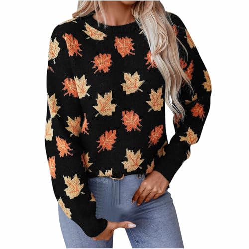 Generic PRIME DAY DEALS TODAY 2024 Women'S Casual Maple Leaf Print Crewneck Knit Sweater 2024 Fall Winter Fashion Long Sleeve Graphic Loose Jumpers Tops Black cover