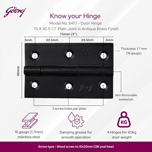 Image of Godrej Door Fittings | 3 inch x 16 Gauge Plain Joint Door Butt Hinges (Pack of 1, 5 Pcs /Pack) | Matte Black Finish, Smooth Operation | 3 Holes Kabza for Home Main Door, Bedroom | 1 Yr Warranty
