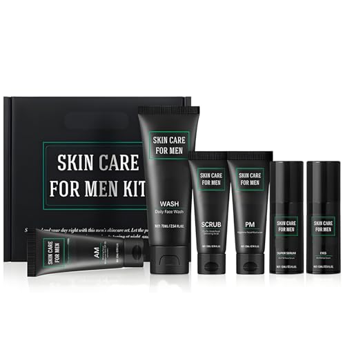 Kit de cuidado de la piel para hombres: set completo antienvejecimiento con limpiador facial diario, exfoliante, sérum facial, crema para los ojos y crema hidratante de día y de noche para, 6 piezas.