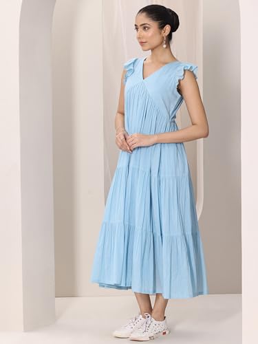 Image of Libas Solid Cotton Fit and Flare Dress for Women