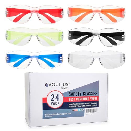 Aqulius 24 Bulk Safety Glasses for Men & Women - ANSI Z78.1 Certified - Scratch/Impact Resistant Crystal Clear Eye Protection Glasses for Construction, Shooting & More - Safety Goggles (6 Colors)
