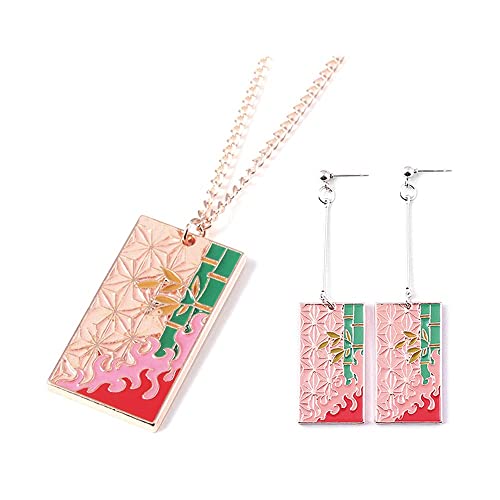 Funboat Kimetsu No Yaiba Nezuko Earring Necklace Set - Tanjiro Zenitsu Anime Hanafuda Pendant Jewelry - Cosplay Gifts For Kids Girls Teens Women Men (Nezuko Set) #TOP4
