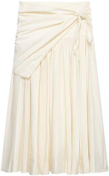 Women's Cream Knotted Wrap Midi Skirt, High Waist Flowy A-Line Casual Summer Skirt