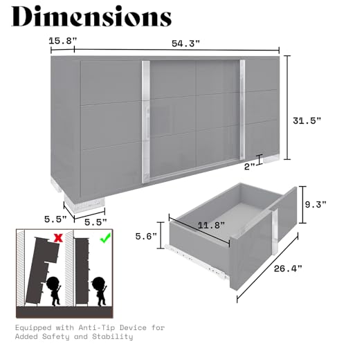 Image of AMERLIFE 54 inch W High Gloss 6 Drawers Dressers with Silver Grooved Handles, Modern Storage Chest of Drawers with Wide Tabletop, for Bedroom /Dressing Room /Living Room, Grey