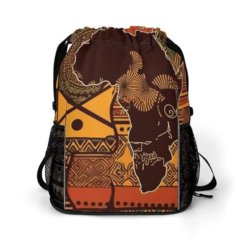 Drawstring Gym Backpack with Shoe Compartment And Wet Pocket, 28L Lightweight Waterproof African Map Ethnic Sports Backpack for Workout Swim Beach Travel String Bag for Men Women
