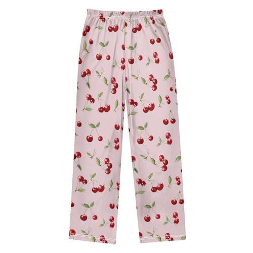 Red Cherry Pattern Pajama Lounge Pants with Pockets Sleepwear Soft Elastic Waist PJ Bottoms 6-14 Years2