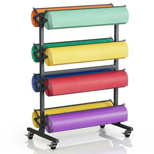 Large Butcher Paper Roll Holder, 8 Roll 36'' W x 9" Dia Roll Butcher Paper Roll Dispenser Rack and Cutter, Mobile Craft Ppaper Roll Holder Organizer for Classroom Studio Retail by BBTEQEKN - Used condition - US$159.88