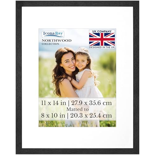 Icona Bay - 14x11 Photo Frame with Removable Mat for 10x8 Pictures - Black Balsam - Modern Wood Grain Style with Shatterproof Cover Sheet - Tabletop/Wall Mount - Northwood Collection