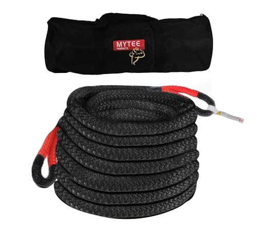 Image of Mytee Products 1-1 /2 inchx30' Kinetic Recovery Rope w /Strap & Tote Bag - 74,000 LBS Red & Black - Heavy Duty Kinetic Energy Tow Rope - Offroad Snatch Strap for Truck, SUV, UTV, ATV, Car, Tractor