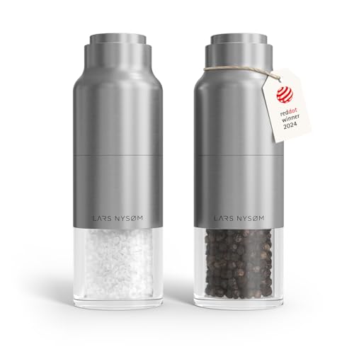 LARS NYSØM Juego de Molinillo de Sal y Pimienta de Acero Inoxidable con Molinillo Ajustable I Diseño de Botella Juego de Molinera de Especias Manual (Stainless Steel)
