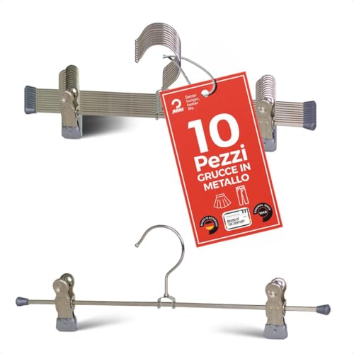 MAWA Grucce Appendiabiti con Clip, Set di 10 Grucce Salvaspazio con Clip Antiscivolo, Ideali per Pantaloni e Gonne, Gancio Girevole a 360°, 30 cm, Argento, Made in Germany