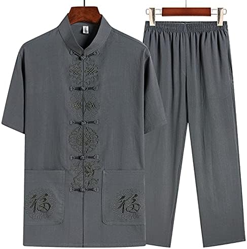 Tang Suit Men Kung Fu Clothing Chinese Traditional Kung Fu Shirt Uniform Short Sleeve Coat Tops and Pants grey-6XL