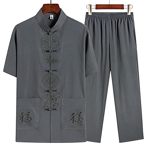 Tang Suit Men Kung Fu Clothing Chinese Traditional Kung Fu Shirt Uniform Short Sleeve Coat Tops And Pants Grey-6Xl #TOP1