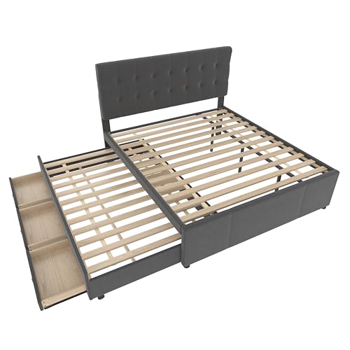 Kinderbett Polsterbett 140x200, Doppelbett Tagesbett mit Ausziehbett und 3 Stauraum Schublade,Schlafsofa Gästebett Sofabett Jugendbett mit Lattenrost,Verstellbares Kopfteil,Leinen,Grau,Ohne Matratze – Bild 8