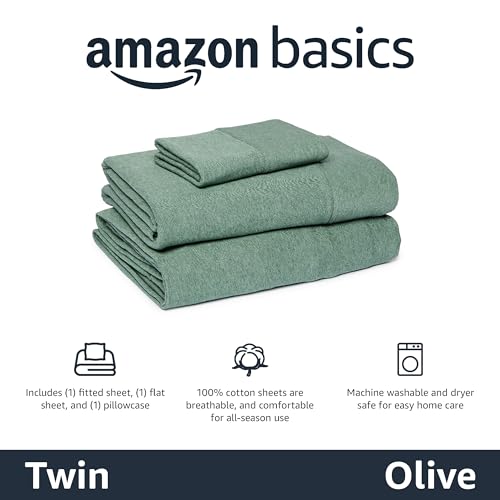 Image of Amazon Basics 100% Cotton Jersey Bed Sheet Set, Twin, Olive (Melange), Solid
