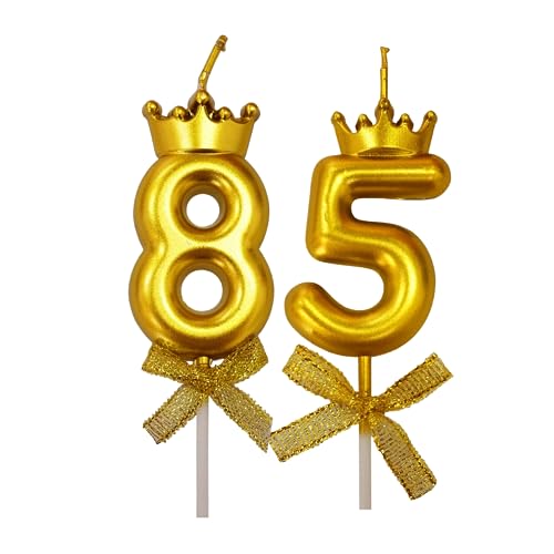 Image of 2 Pc 85 Number Candle for Birthday Cake Metallic 85th Birthday Cake Decoration Eighty Five Candle with Crown on Top Cake Topper 0-9 Number Candles for Anniversary (Pack of 2, Gold)